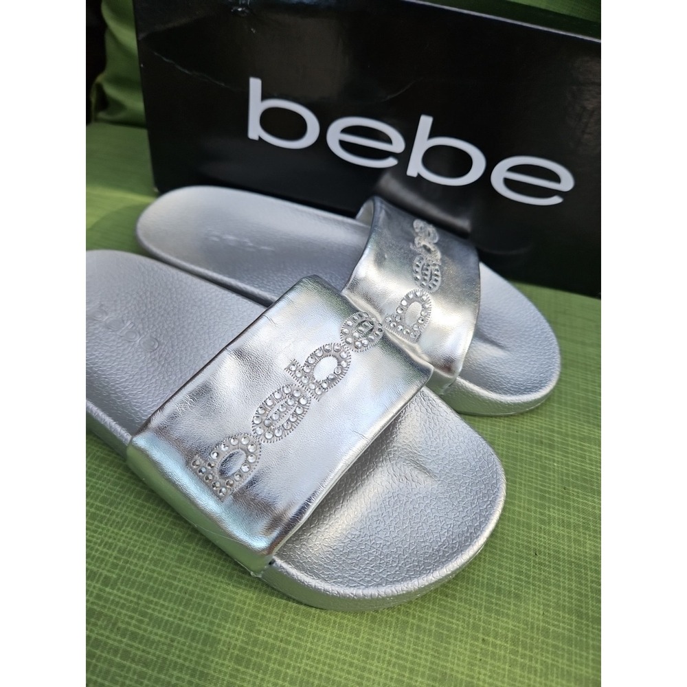 BEBE Slides‎ Sandals Silver Spellout Y2K Rhinestones Metallic Felizia Size 6